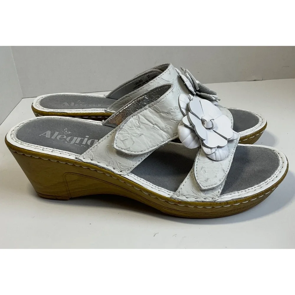 Alegria Morning White Floral Leather Wedge Sandals LAN-460 Womens EU 37 US 7-7.5